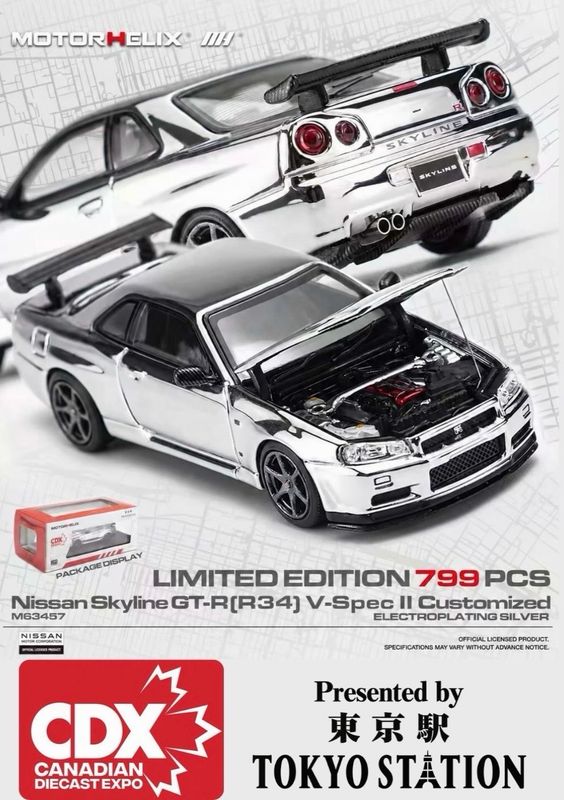 [PREORDER] Motorhelix Nissan Skyline GT-R (R34) V-Spec II Customized Electroplating Silver | 2026 Canadian Diecast Expo