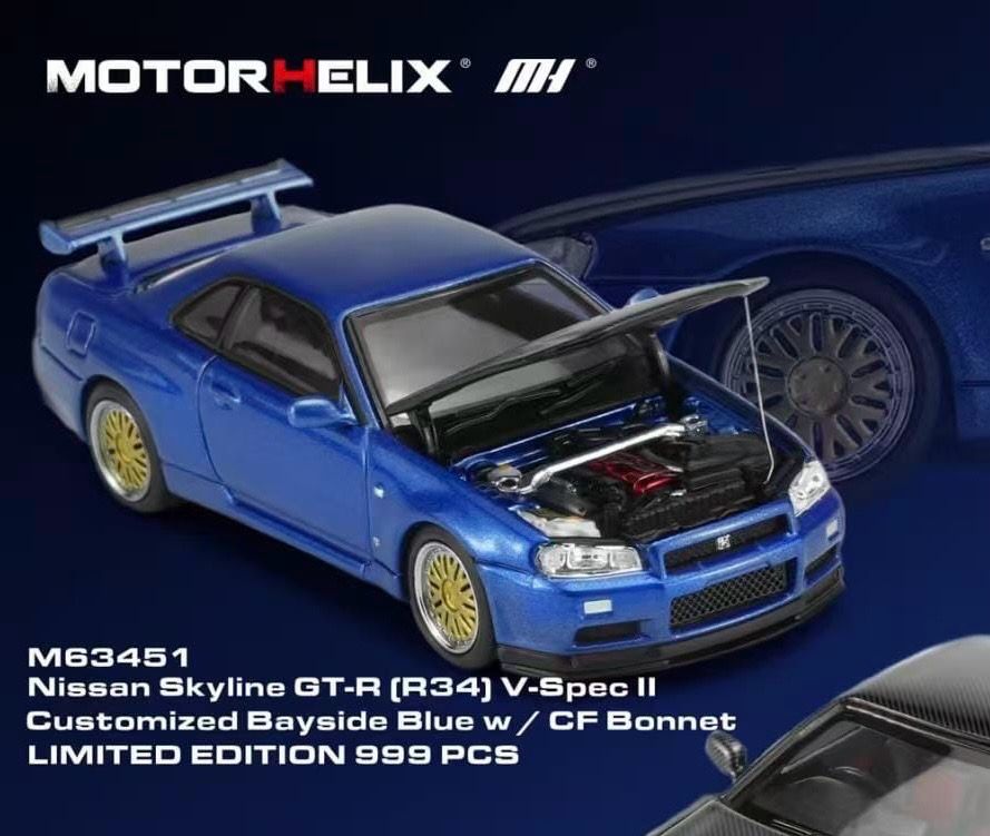 [PREORDER] Motorhelix Nissan Skyline GT-R (R34] V-Spec II Customized Bayside Blue w / CF Bonnet | 2026 Jinzhan Speed Festival
