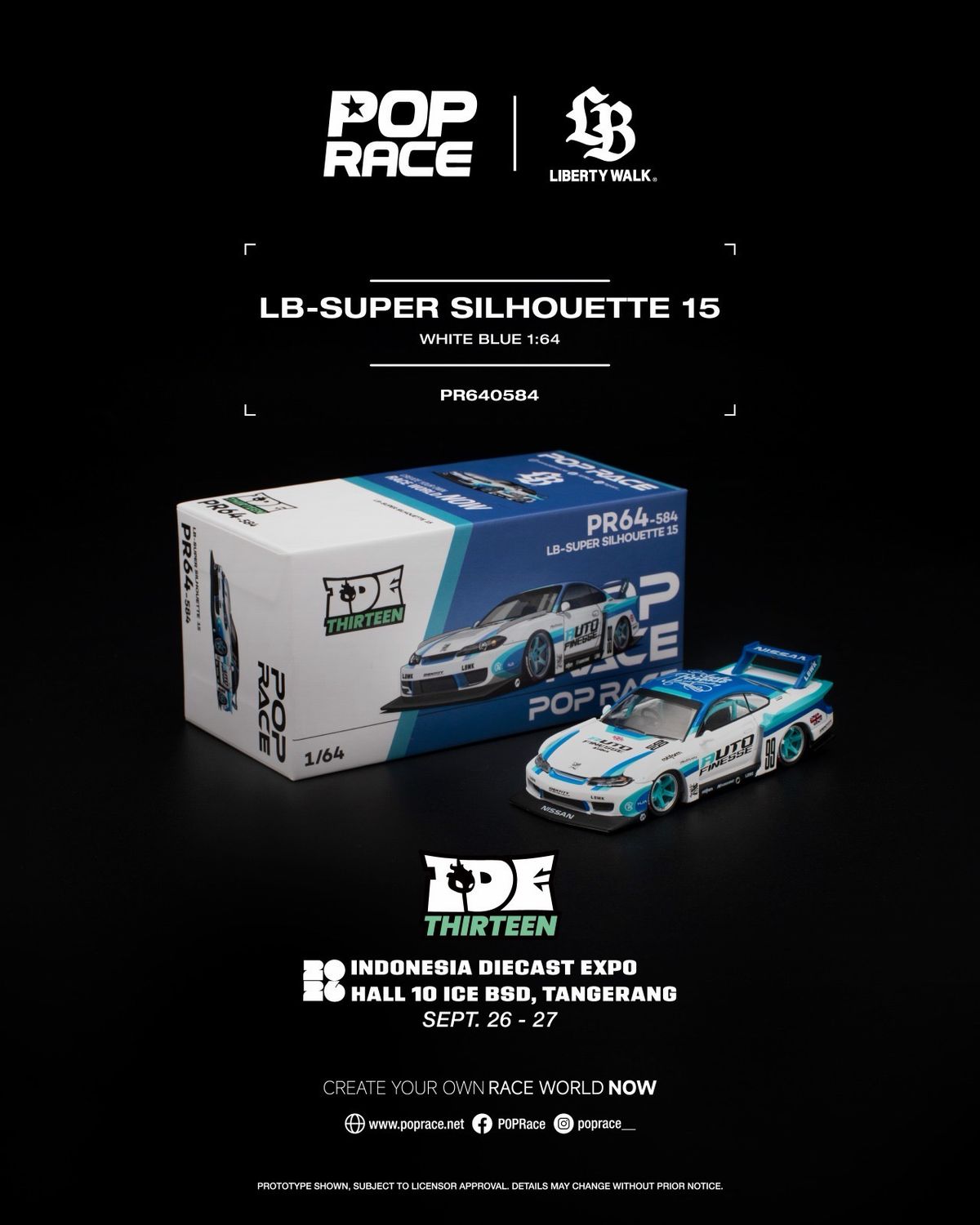 [PREORDER] POP RACE LB-Super Silhouette S15 White-Blue (PR64-584) | 2026 Indonesia Diecast Expo (IDE)