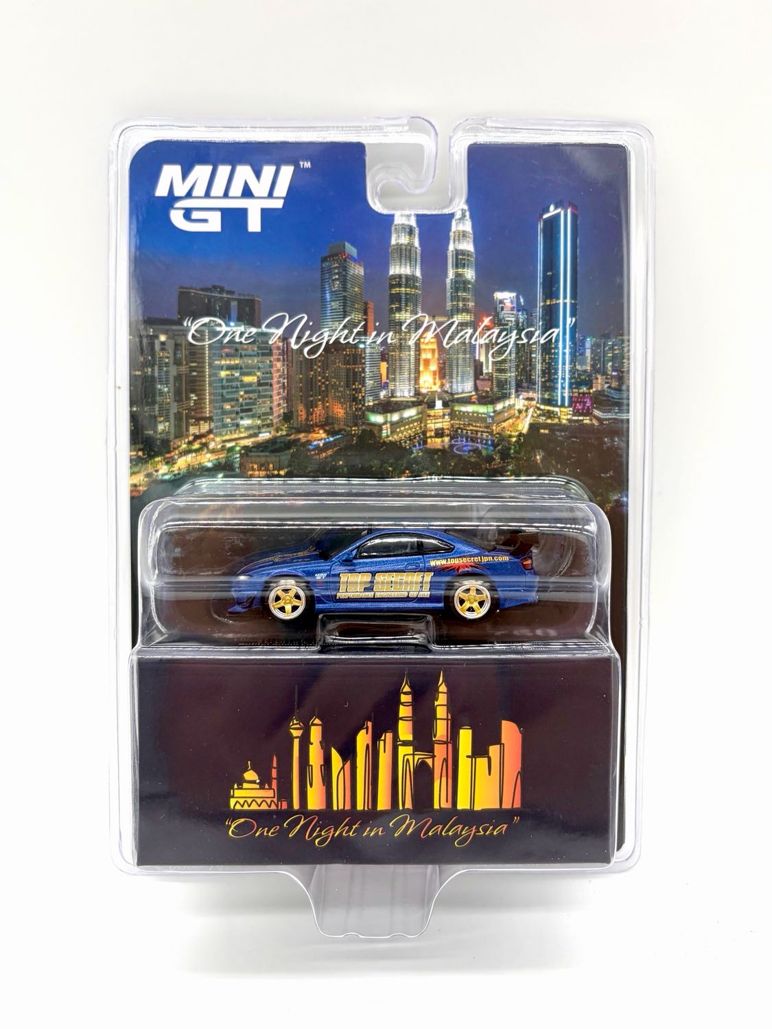 #750 MINI GT Nissan Silvia (S15) Top Secret Matte Blue w/ Gold Accent Blister | 2024 “One Night in Malaysia” Exclusive