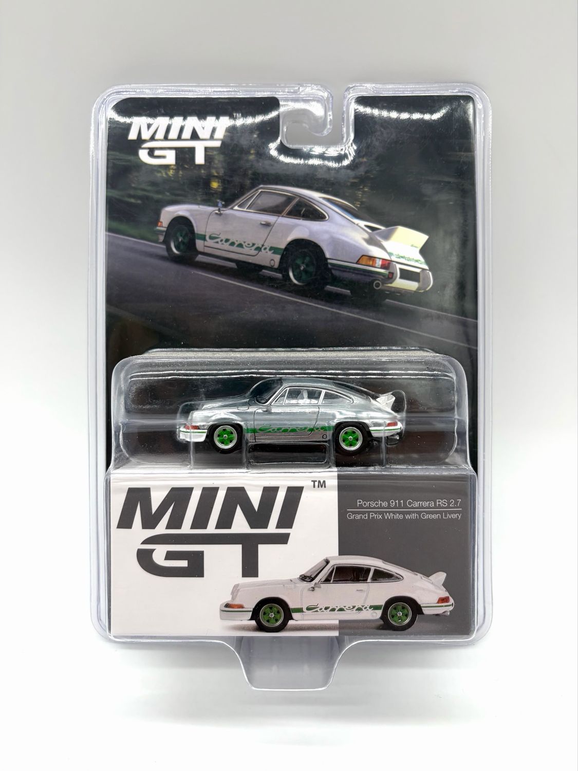 #801 MINI GT Porsche 911 Carrera RS 2.7 Grand Prix White with Green Livery Chase Blister