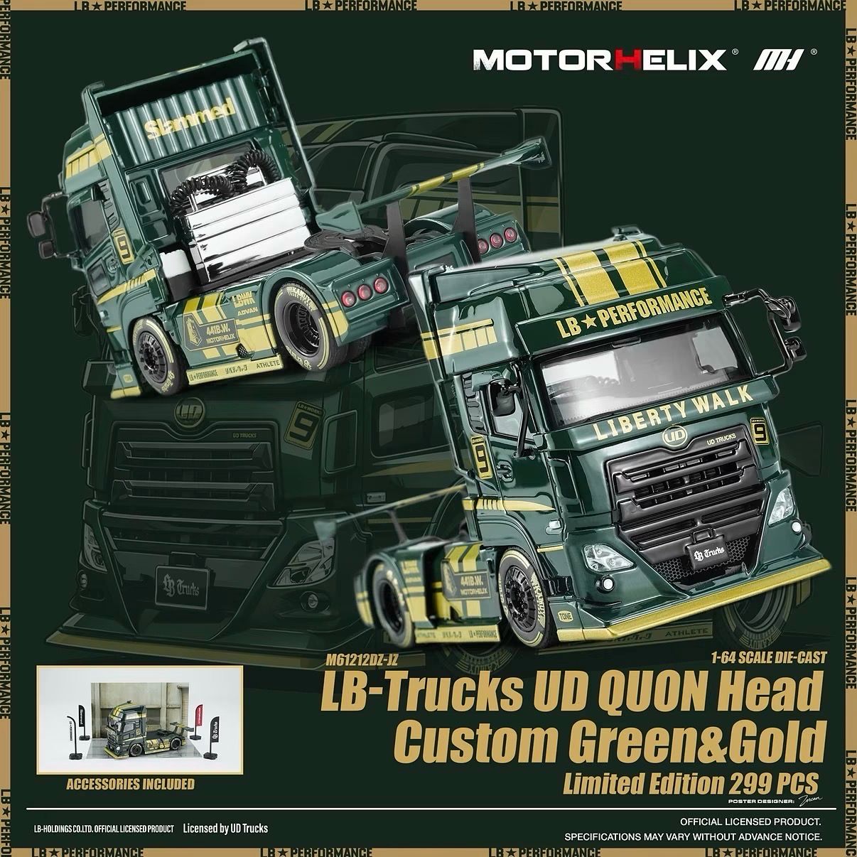 [PREORDER] Motorhelix LB-Trucks UD QUON Head Custom Green &amp; Gold | 2026 Goldenwood Festival of Speed