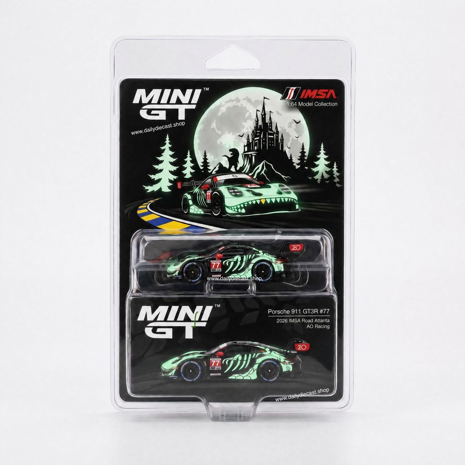 [PREORDER] #? MINI GT Skeleton Rexy Porsche 911 GT3R #77 2026 IMSA Road Atlanta AO Racing Glow in The Dark Blister | 2026 Petit Le Mans