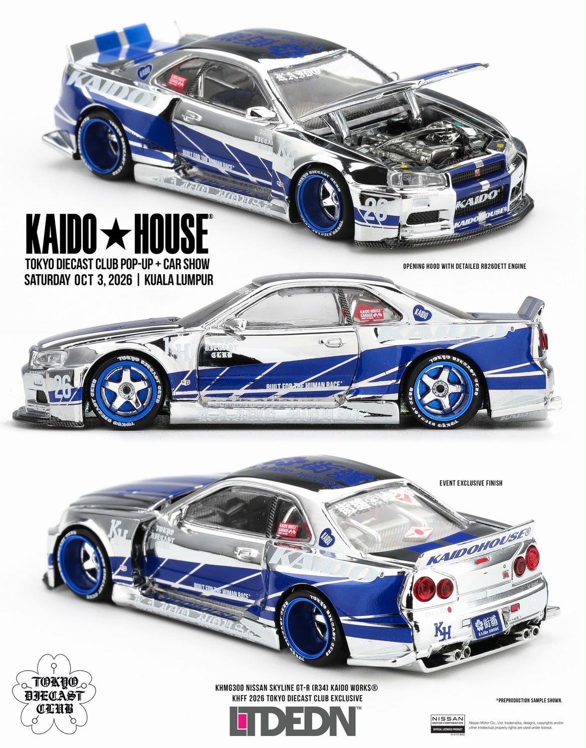 [PREORDER] KAIDOHOUSE LTD EDN Nissan Skyline GT-R (R34) Kaido Works KHFF 2026 Tokyo Diecast Club Exclusive (KHMG300)