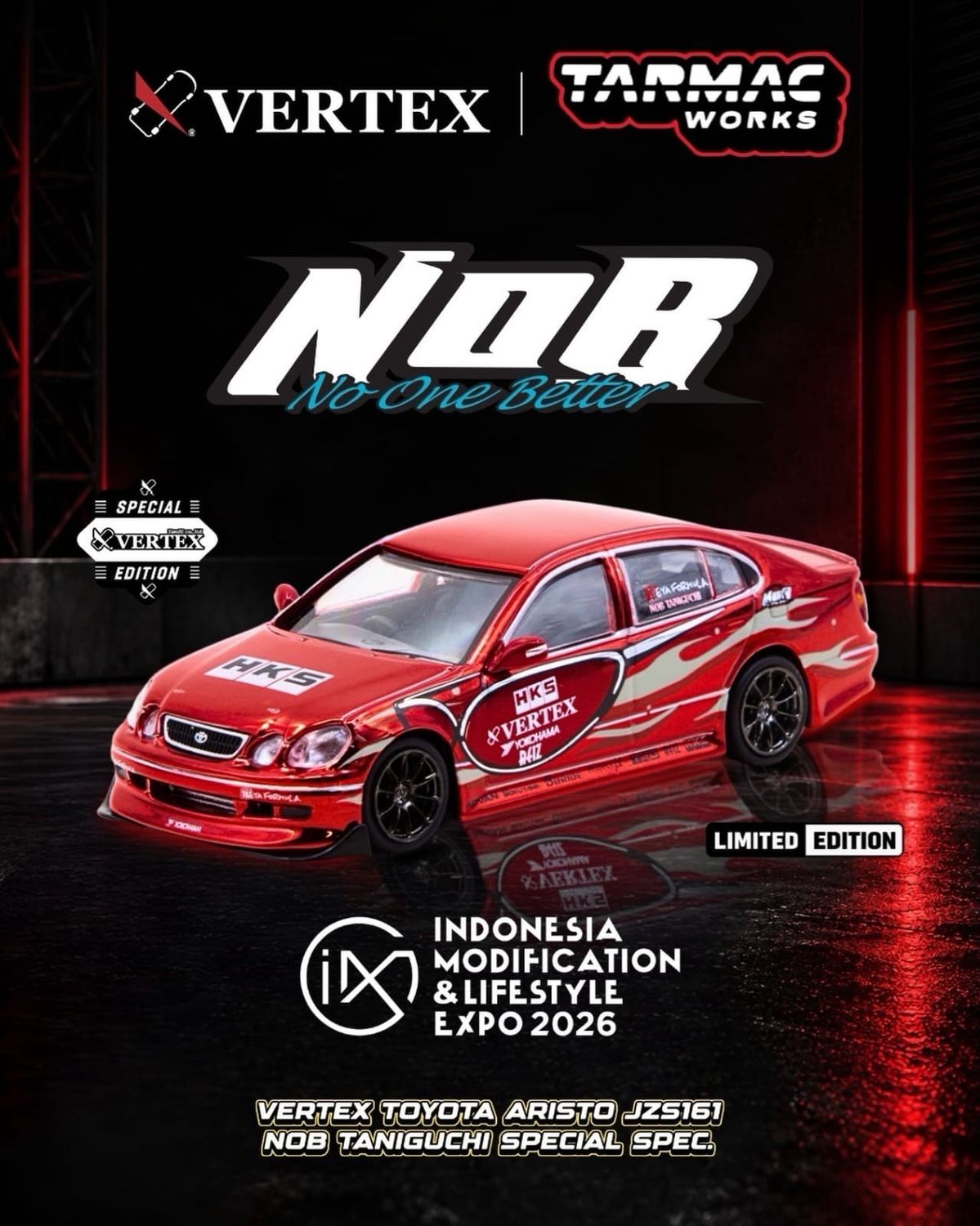 [PREORDER] Tarmac Works Vertex Toyota Aristo JZS161 Nob Taniguchi Special Spec. Red | 2026 Indonesia Modification Expo