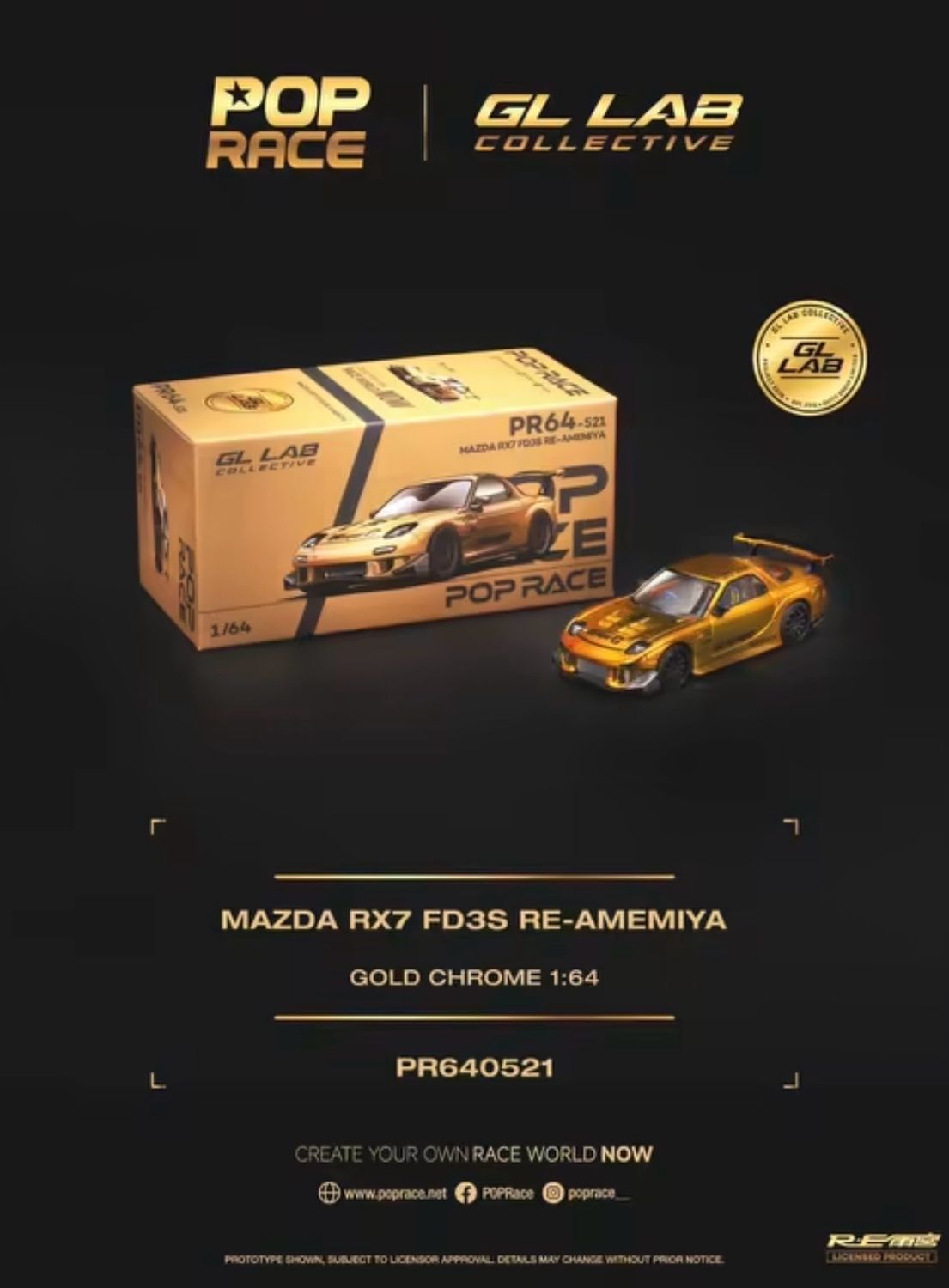 [PREORDER] POP RACE x GL LAB Mazda RX-7 RE-AMEMIYA Gold Chrome (PR64-521) | 2026 Stance Garage Taiwan