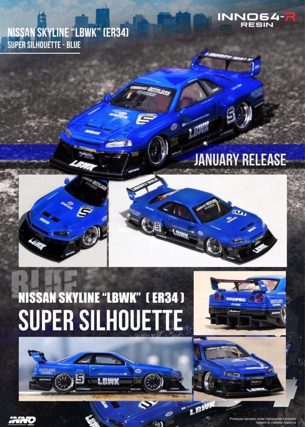 [UNSEALED] INNO64-R Resin 1/64 Nissan Skyline “LBWK” (ER34) Super Silhouette Blue