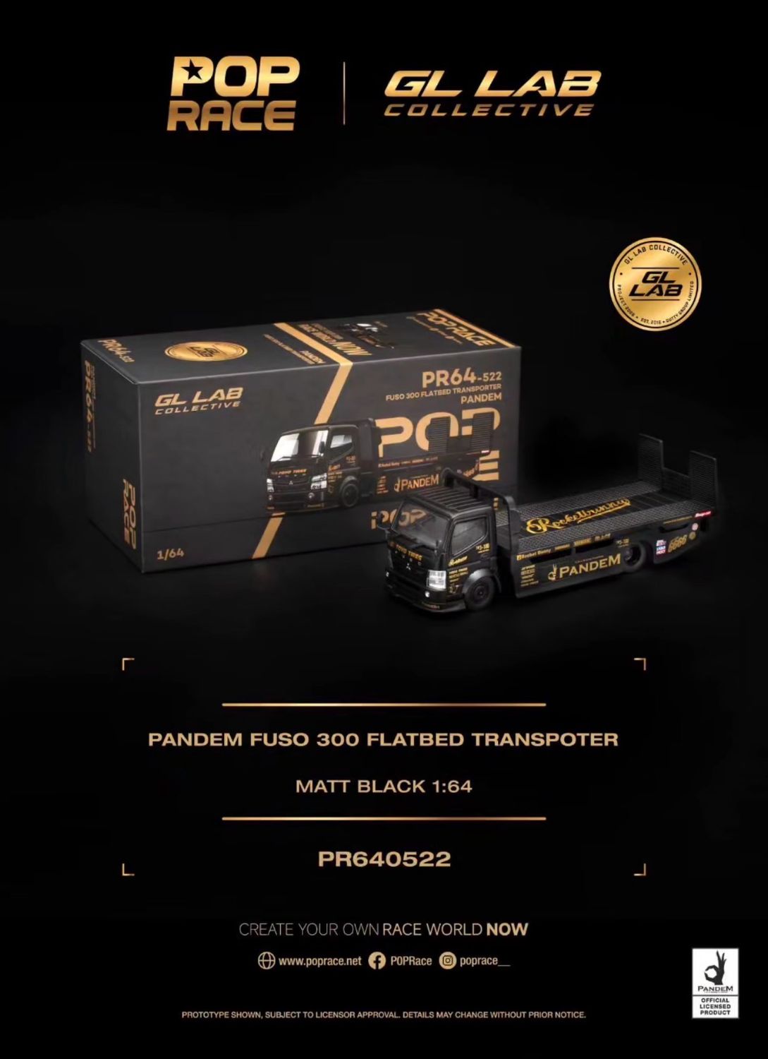 [PREORDER] POP RACE x GL LAB Pandem Fuso 300 Flatbed Transporter Matte Black (PR64-522) | 2026 Stance Garage Taiwan