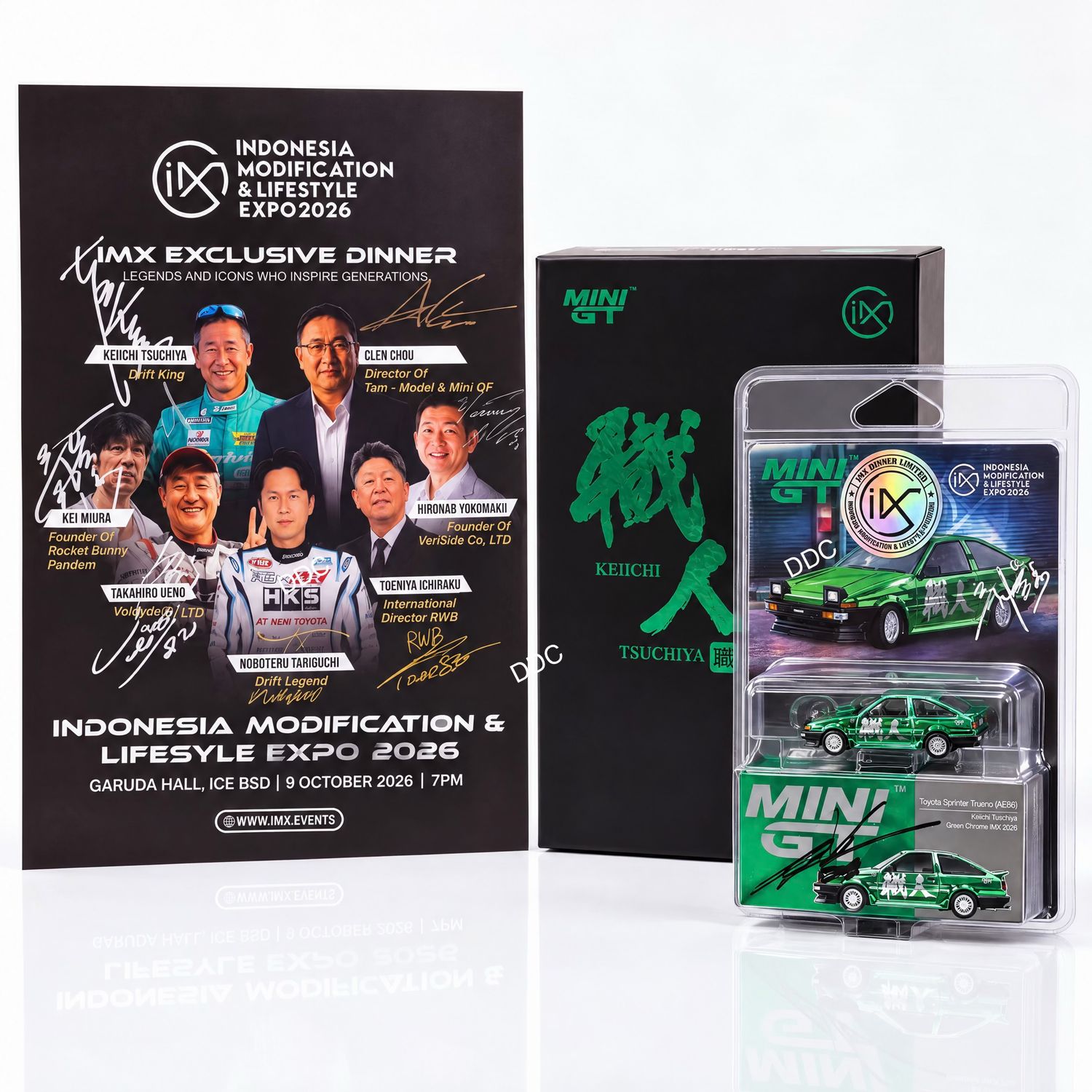 [PREORDER] #1348 MINI GT Keiichi Tsuchiya Toyota AE86 Shokunin IMX Box Set w/ Shirt &amp; Poster Signed | 2026 Indonesia Modification Expo (IMX)