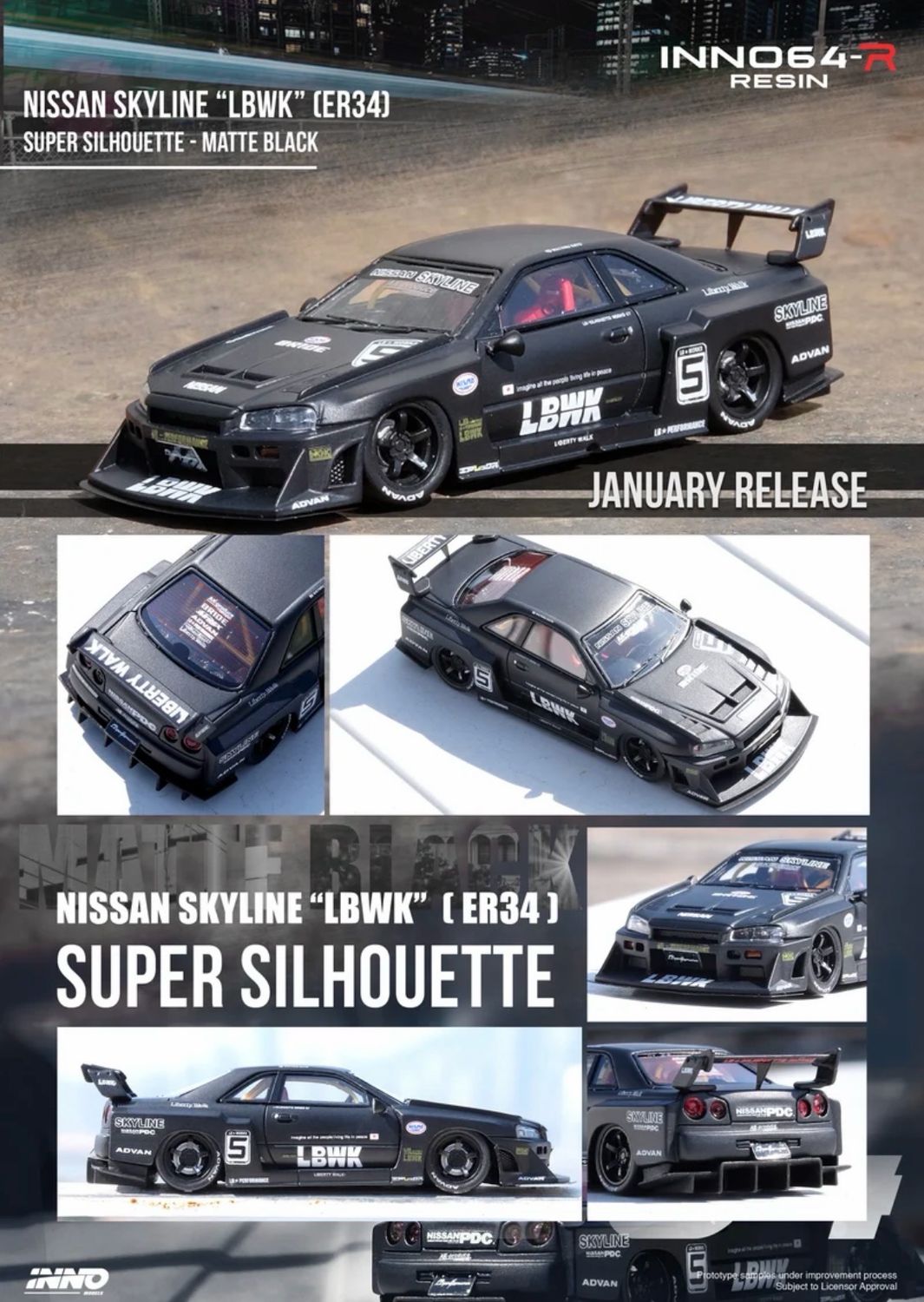 [UNSEALED] INNO64-R Resin 1/64 Nissan Skyline “LBWK” (ER34) Super Silhouette Black