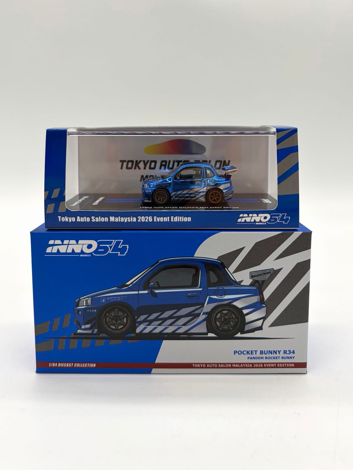 INNO64 Pandem Rocket Bunny Pocket Bunny R34 Chrome Blue Chase | 2026 Tokyo Autosalon KL INNO64 Pandem Rocket Bunny Pocket Bunny R34 Chrome Blue Chase | 2026 Tokyo Autosalon KL