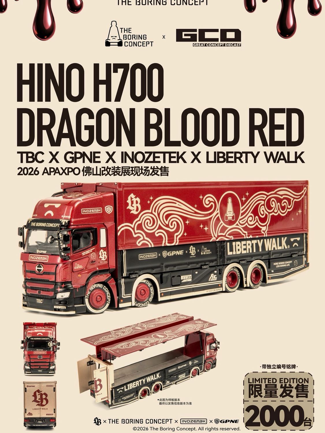 [PREORDER] GCD x T.B.C x GPNE x INOZETEK x Liberty Walk HINO H700 Dragon Blood Red | 2026 Auto Passion Alliance