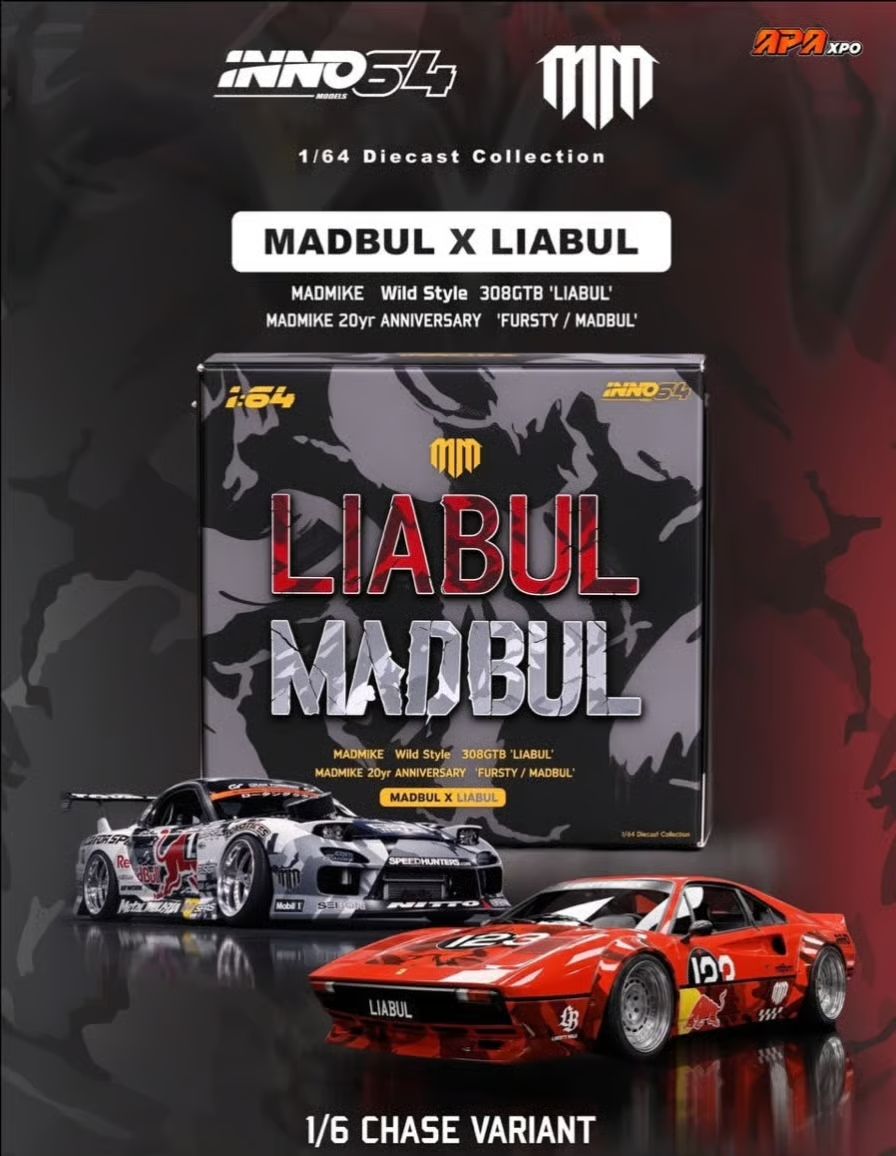 [PREORDER] INNO64 x MADMIKE RX7 ‘FURSTY/MADBUL’ &amp; 308 GTB ‘LIABUL’ Twin Car Box Set | Chance of Chase | 2026 Auto Passion Alliance