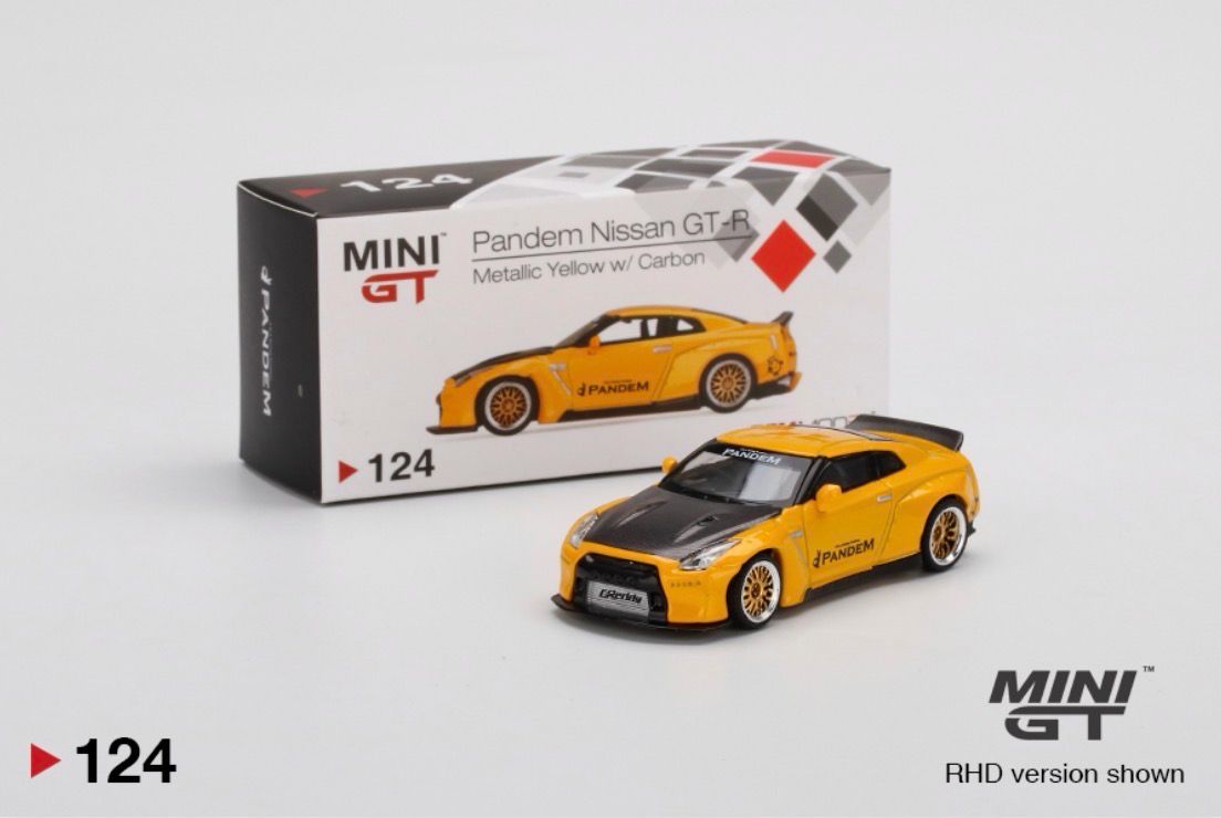 [UNSEALED] #124 MINI GT Pandem Nissan GT-R (R35) Duck Tail Metallic Yellow w/ Carbon