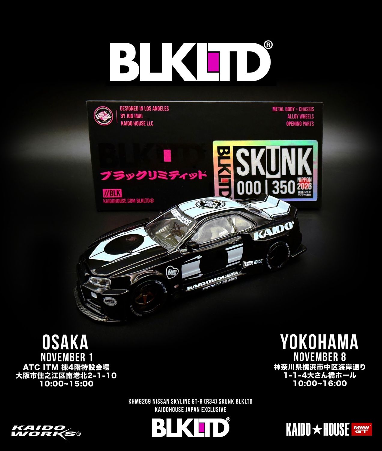 [PREORDER] KAIDOHOUSE BLK LTD NISSAN SKYLINE GT-R (R34) SKUNK (KHMG269) | Japan Osaka-Yokohama Exclusive