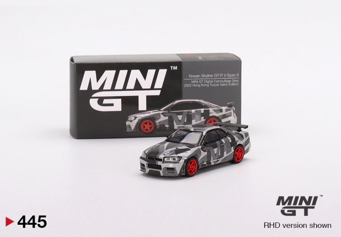#445 Nissan Skyline GT-R (R34) V-Spec II MINI GT Digital Camouflage Grey | 2022 Hong Kong Toycar Salon