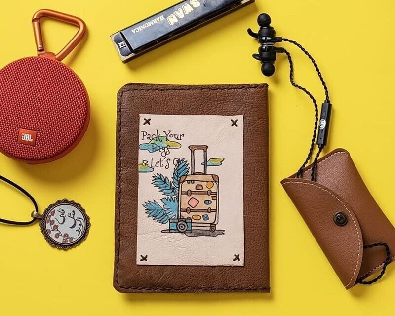 Painted Leather Notebook with pack your bags Art