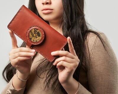 Leather women wallet with designed brass accessory  " Brown "
