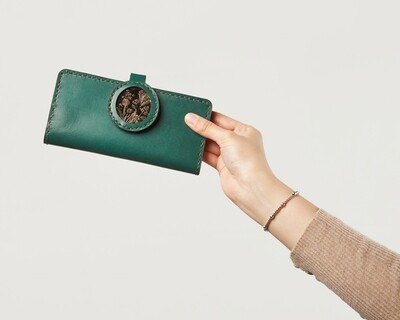 Leather women wallet with designed brass accessory  " Green "