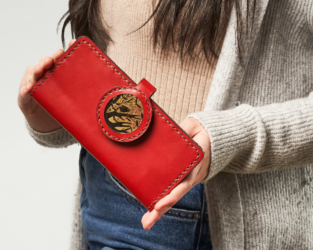 Leather women wallet with designed brass accessory  " Red "