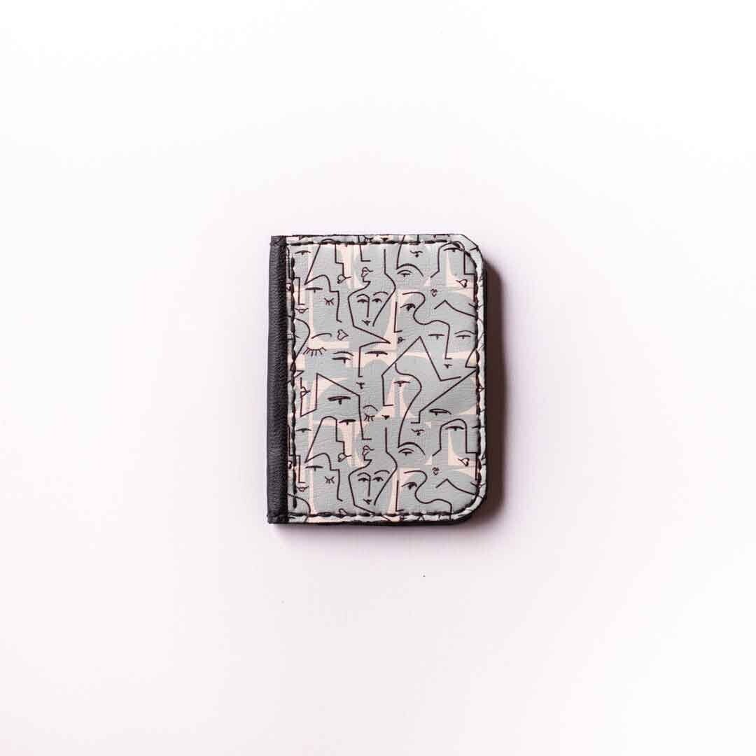 Printed leather wallet " abstract faces baby blue "