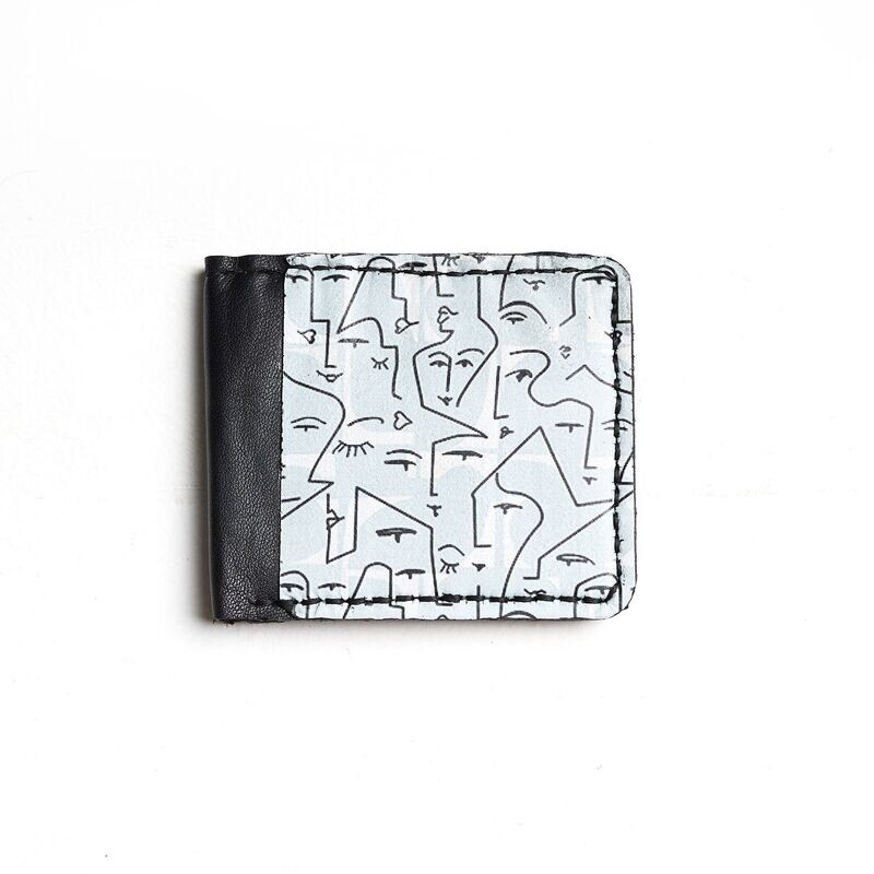 Printed leather wallet " abstract faces baby blue "