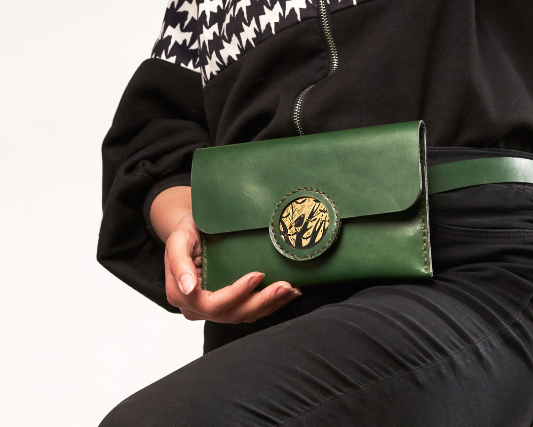 Waist bag with designed brass accessory  " Green "