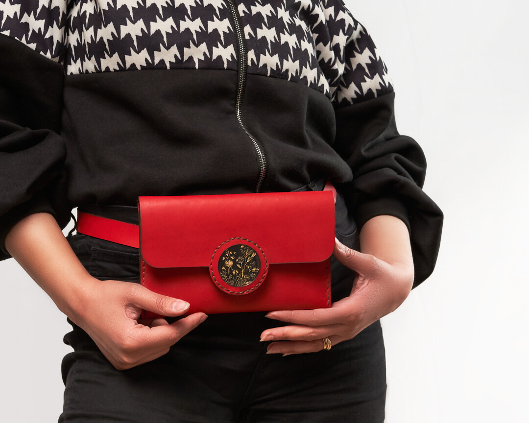 Waist bag with designed brass accessory  " Red "