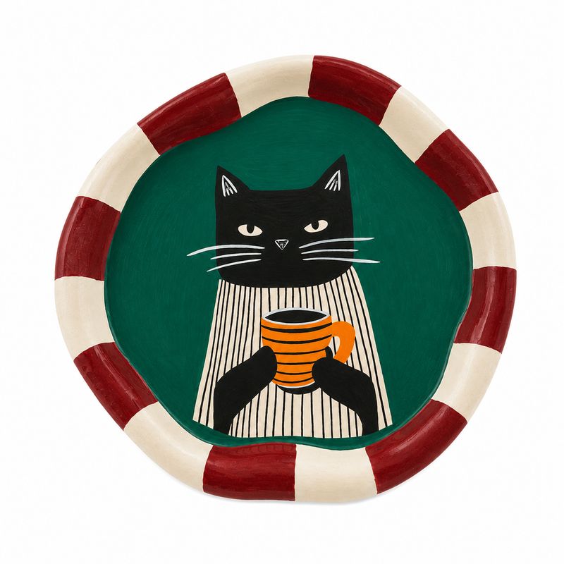 The Hand-Painted Coffee Cat Concrete Plate