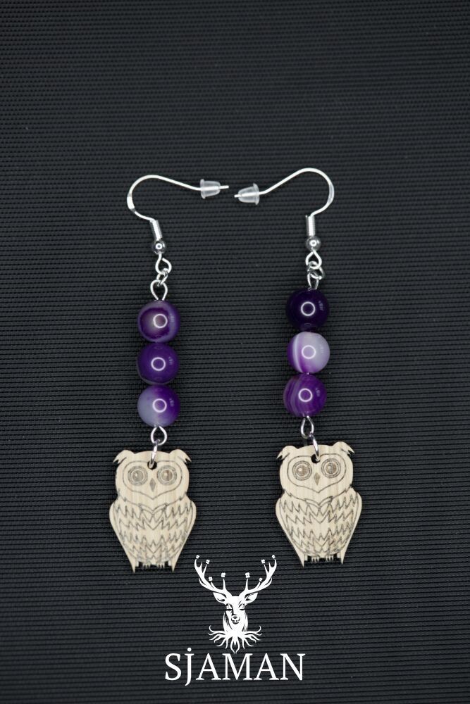 Boucles d'oreilles Hibou Agate Violette