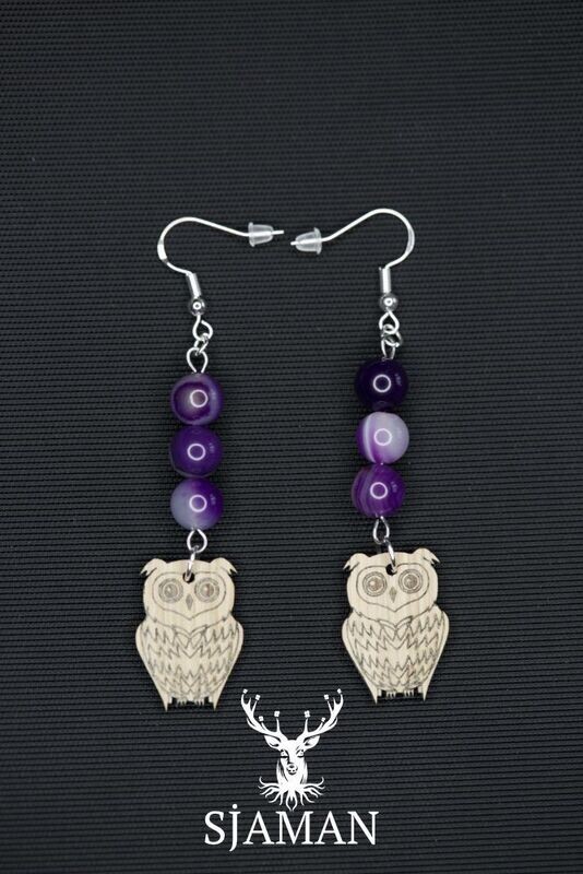 Boucles d'oreilles Hibou Agate Violette