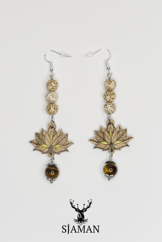 Boucles d'oreilles Lotus Graines de Lotus et Oeil de Tigre