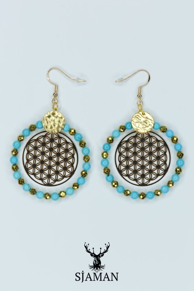 Boucles d'oreilles Fleur de vie - Howlite turquoise et Hématite dorée