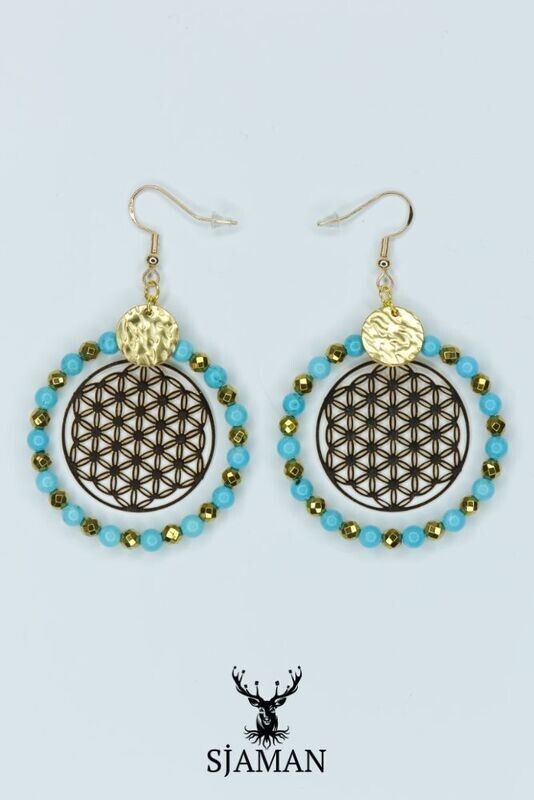 Boucles d'oreilles Fleur de vie - Howlite turquoise et Hématite dorée
