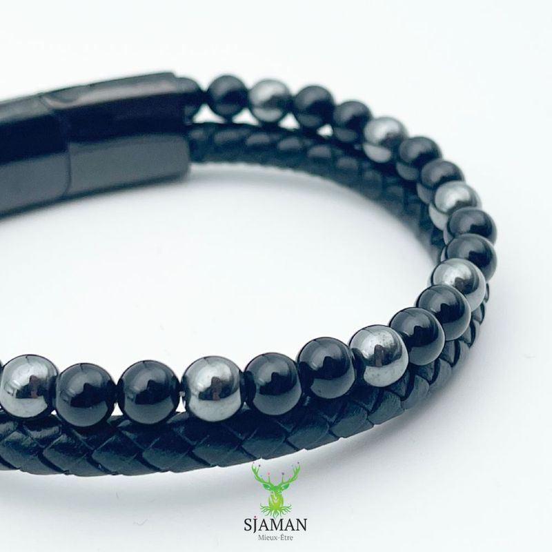 Bracelet cuir Hématite Onyx