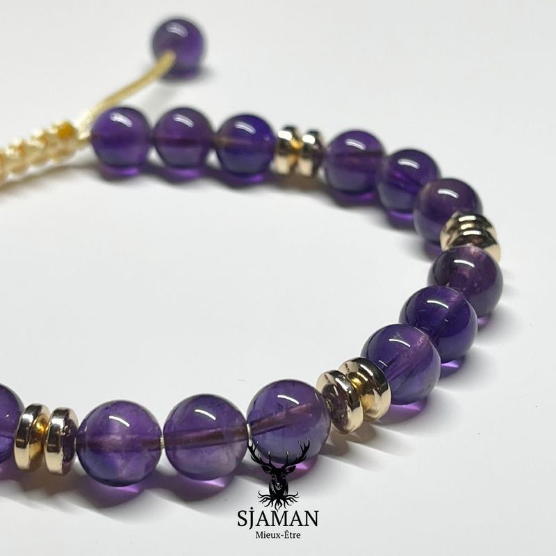 Bracelet Améthyste et Hématite dorée 8 mm