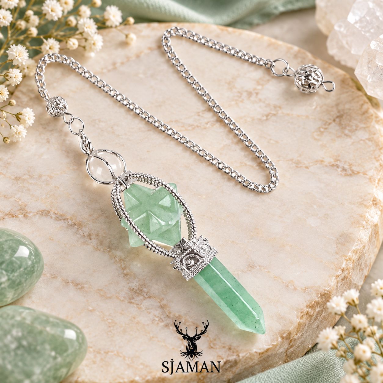 Pendule Merkaba Aventurine Verte 6 faces métal Pendule Merkaba Aventurine Verte 6 faces métal