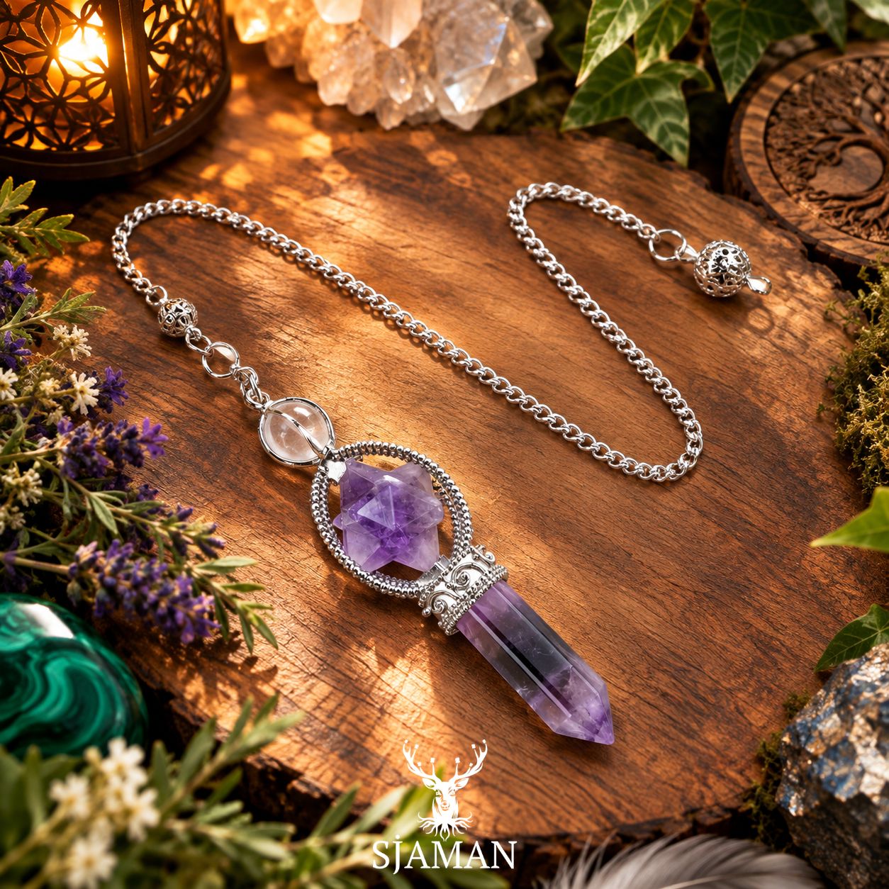 Pendule Améthyste Merkaba 6 faces