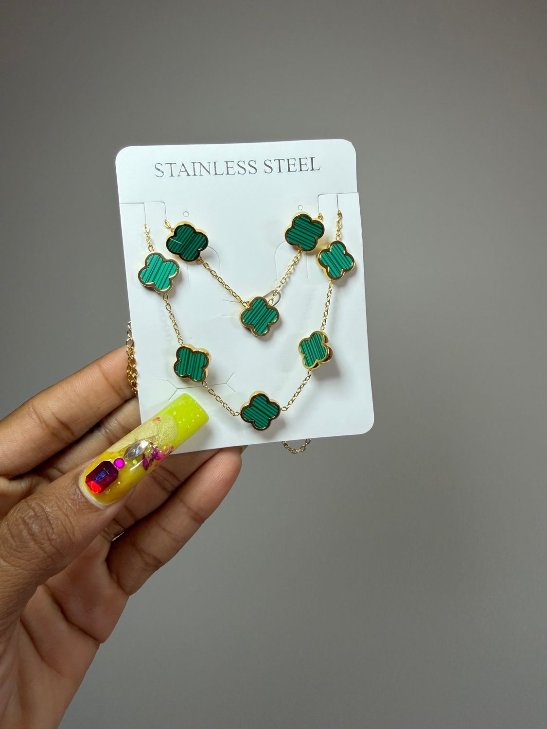 Green Clover Set ,  earrings, bracelet &amp; chain