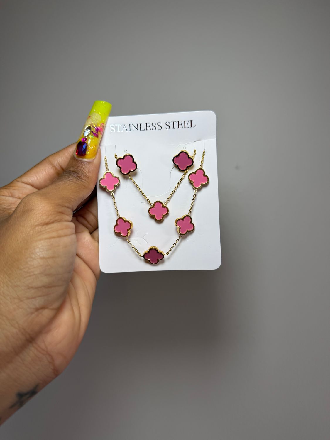 Pink Clover Set ,  earrings, bracelet &amp; chain