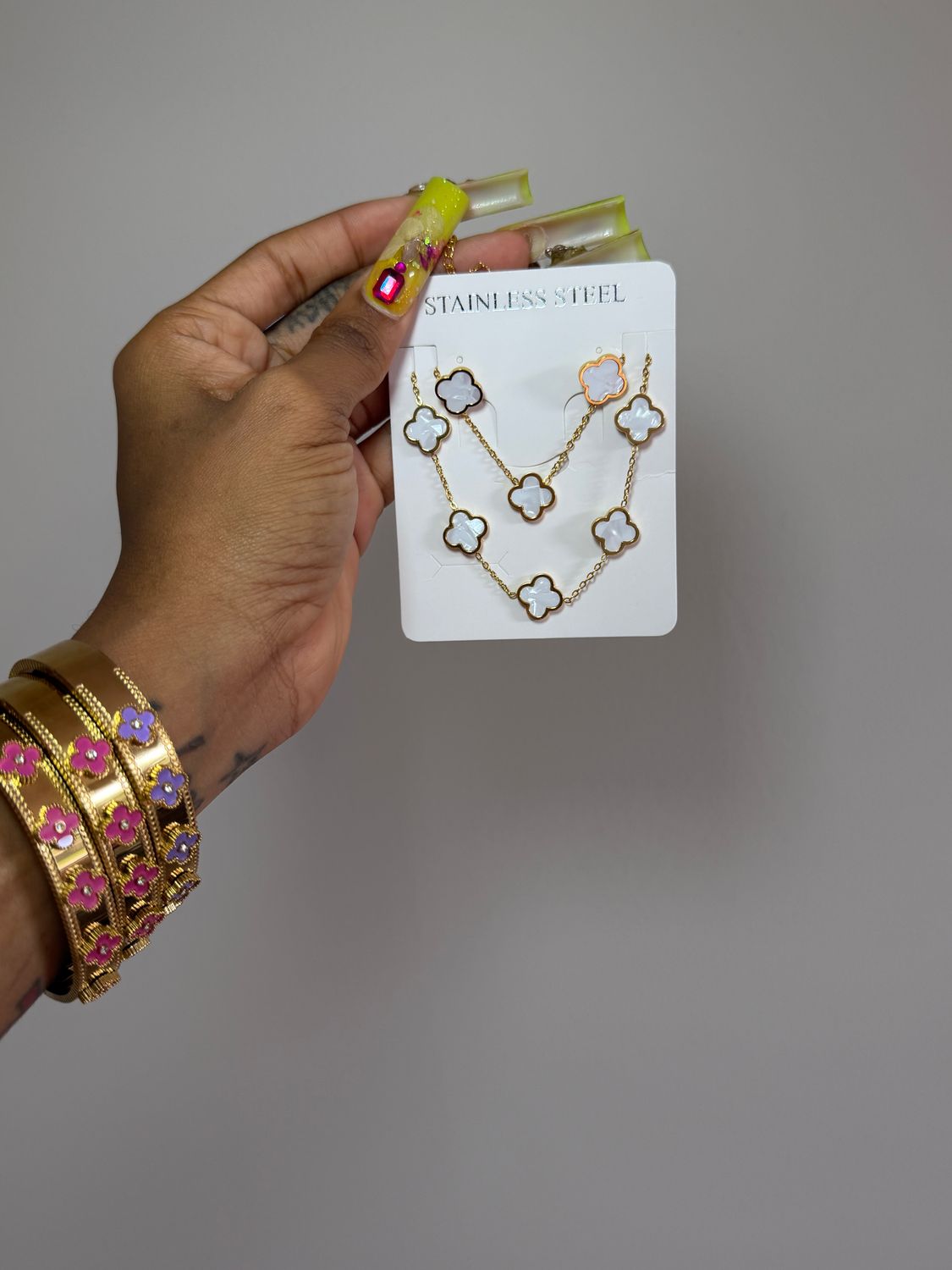 White Clover Set ,  earrings, bracelet &amp; chain