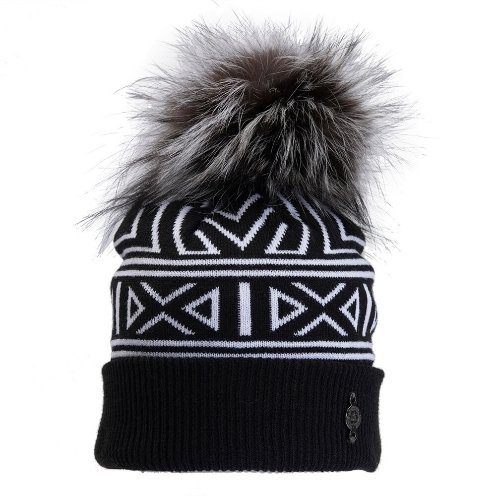 HARRICANA JACQUARD BEANIE UPCYCLED FUR POM, Color: BLACK