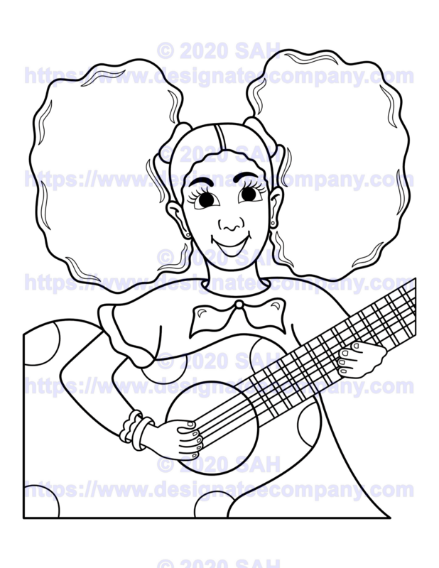 Musical paint party for the whole family, Girl with Ponytails Playing Polka Dot Guitar