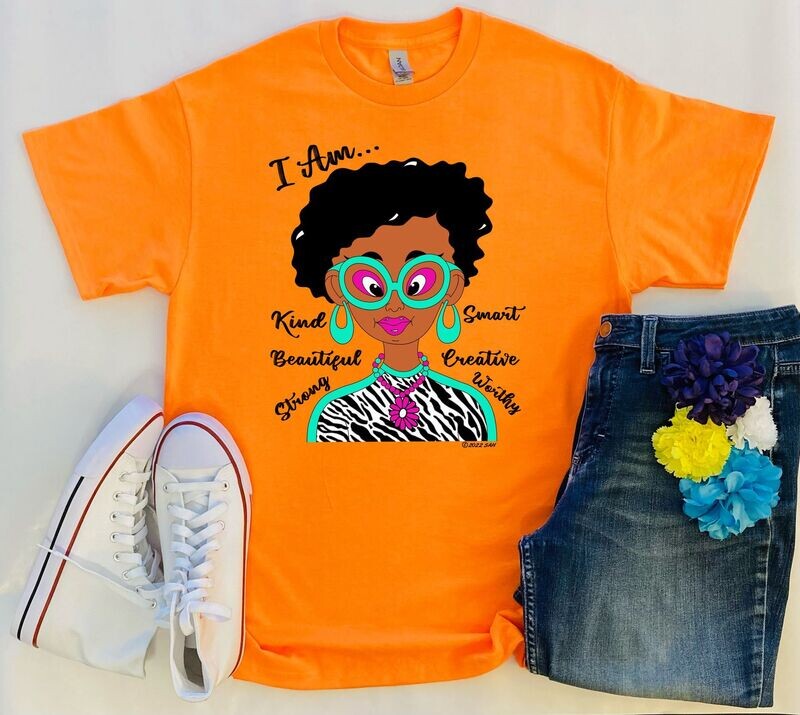 I Am, You Are Worth It, African American Girl with Curly Hair Wearing Round Glasses Tiger Stripes T-shirt