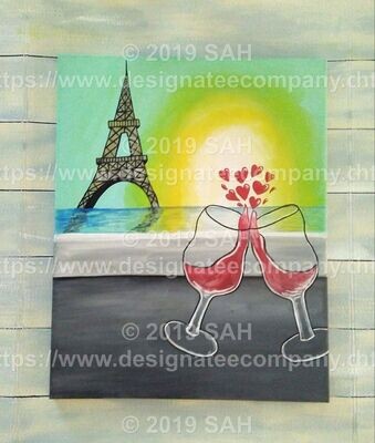 Paris Is Love Eiffel Tower Wine Sun Water Gallery Wrapped Acrylic Painting on Canvas