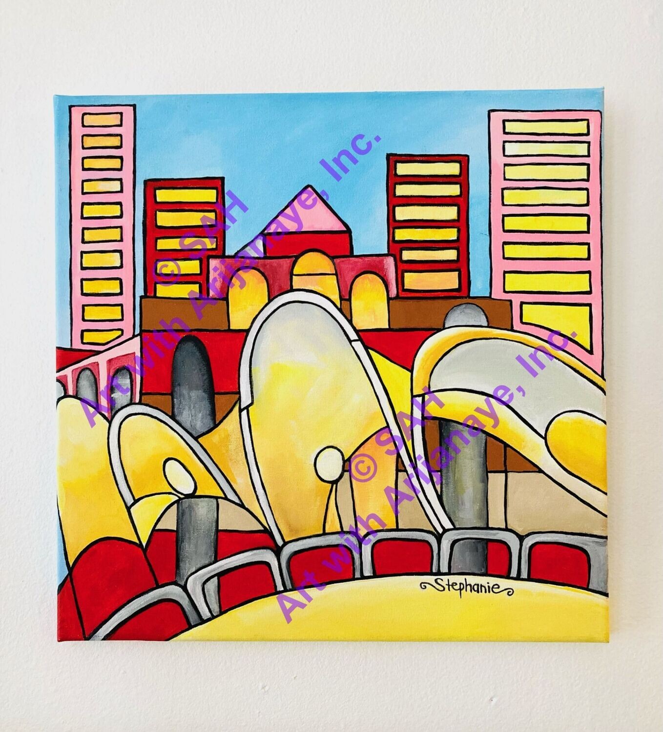 $60.00 Abstract, Inner Harbor Baltimore, Maryland, Gallery Wrapped, Acrylic Painting on Canvas, 14" x 14" stretched canvas,