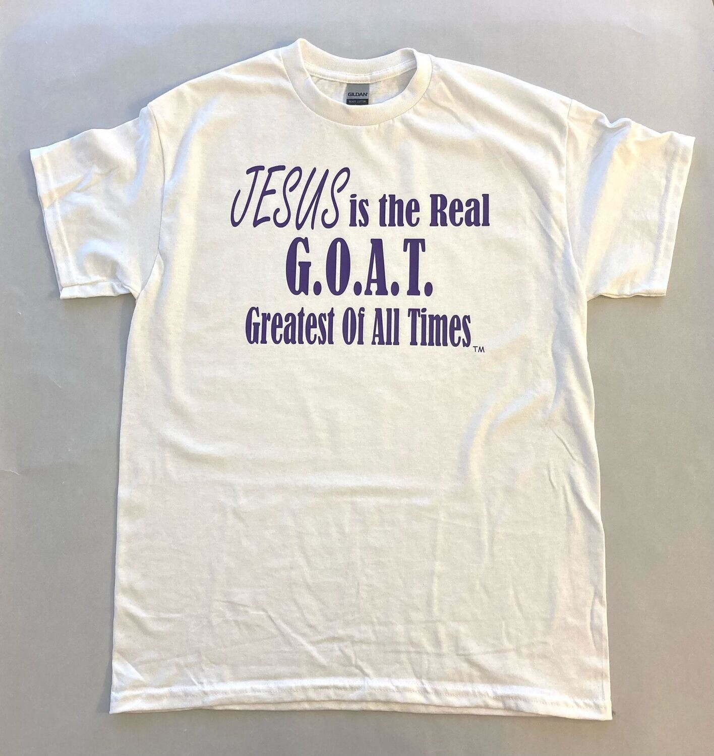 Jesus is the G.O.A.T., Adult Medium White T-shirt, Purple Image