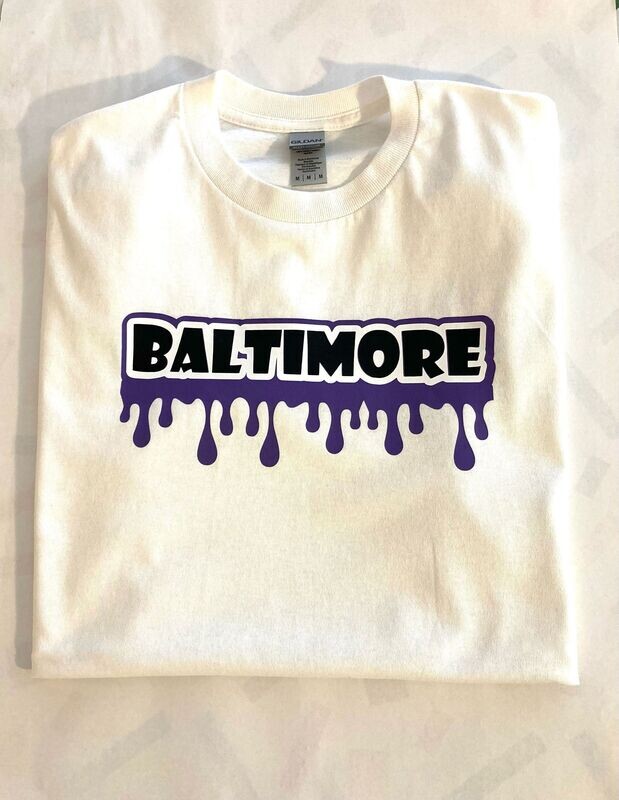 Adult Medium Unisex White Gildan T-shirt Sale, Baltimore Drip,
