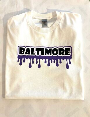 Adult Medium Unisex White Gildan T-shirt Sale, Baltimore Drip,