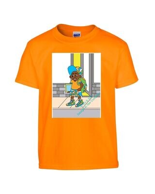 Boys graphic tees, kids graphic tees, boy walking with book,